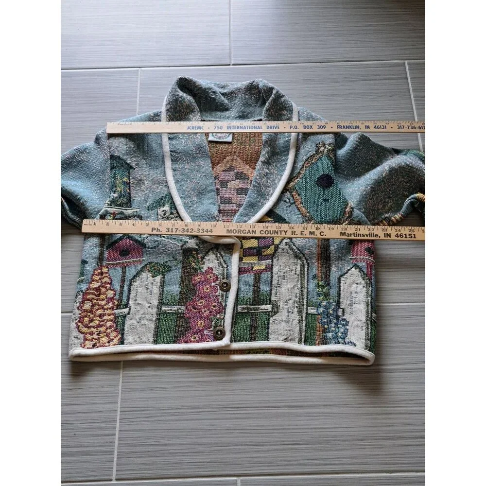 Vtg Birdhouse Tapestry Knit Cardigan Jacket Women's XL Sugar Street Artsy Whimsy - Picture 5 of 12